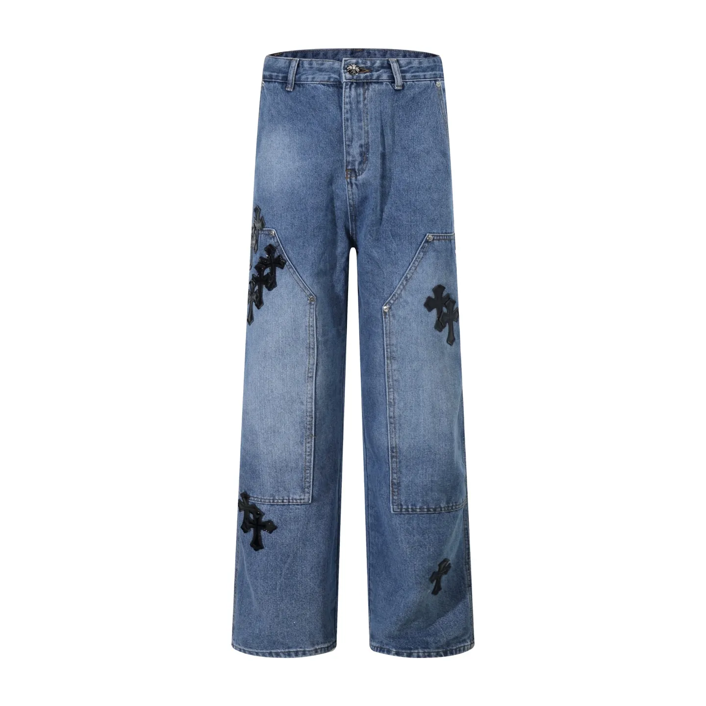 P260 Style No.: H881 Chrome Heart & Chrome Heart Blue Pants Black Metal Cross Work Jeans ChromeHearts#Design Jeans Invincible Texture Ceiling-Level Jeans Hard to Find at the Counter‼ ️ Cross patchwork leather jeans, top-notch heavy-duty washing process, calfskin laser-cut cross, distressed silver hardware, straight version to make the upper body slimmer, that lesbian style Color: blue Size: 28-30-32-34-36